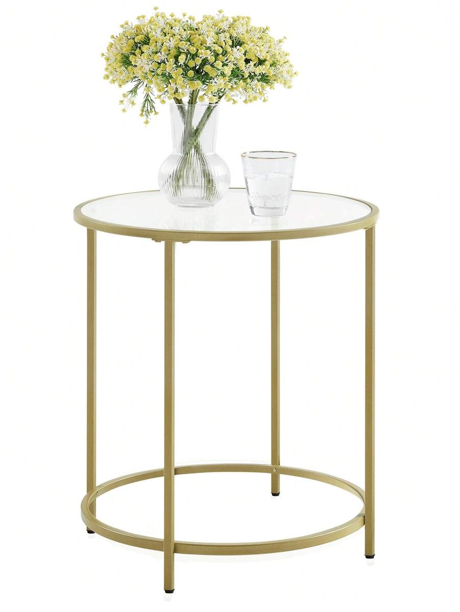 VASAGLE Round Side Table, Glass End Table With Metal Frame, Gold Coffee Table With Modern Style For Living Room, Balcony, Bedroom
