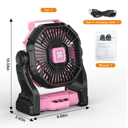 Dorm Essential Cold Air Battery Powered Fan With LED Lantern,Dual Motor Camping Fan, 4-Speed Adjustable Desktop Fan With Hook, Portable Outdoor Fan, Suitable For Tents, Power Outages, And Construction Sites,Camping Portable Fan