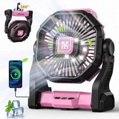 Dorm Essential Cold Air Battery Powered Fan With LED Lantern,Dual Motor Camping Fan, 4-Speed Adjustable Desktop Fan With Hook, Portable Outdoor Fan, Suitable For Tents, Power Outages, And Construction Sites,Camping Portable Fan