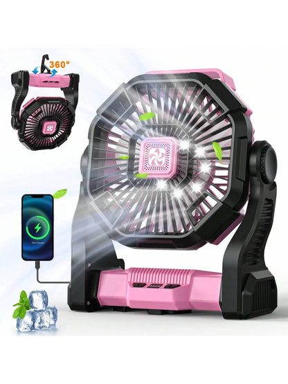 Dorm Essential Cold Air Battery Powered Fan With LED Lantern,Dual Motor Camping Fan, 4-Speed Adjustable Desktop Fan With Hook, Portable Outdoor Fan, Suitable For Tents, Power Outages, And Construction Sites,Camping Portable Fan