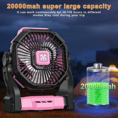Dorm Essential Cold Air Battery Powered Fan With LED Lantern,Dual Motor Camping Fan, 4-Speed Adjustable Desktop Fan With Hook, Portable Outdoor Fan, Suitable For Tents, Power Outages, And Construction Sites,Camping Portable Fan