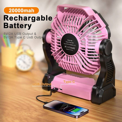 Dorm Essential Cold Air Battery Powered Fan With LED Lantern,Dual Motor Camping Fan, 4-Speed Adjustable Desktop Fan With Hook, Portable Outdoor Fan, Suitable For Tents, Power Outages, And Construction Sites,Camping Portable Fan