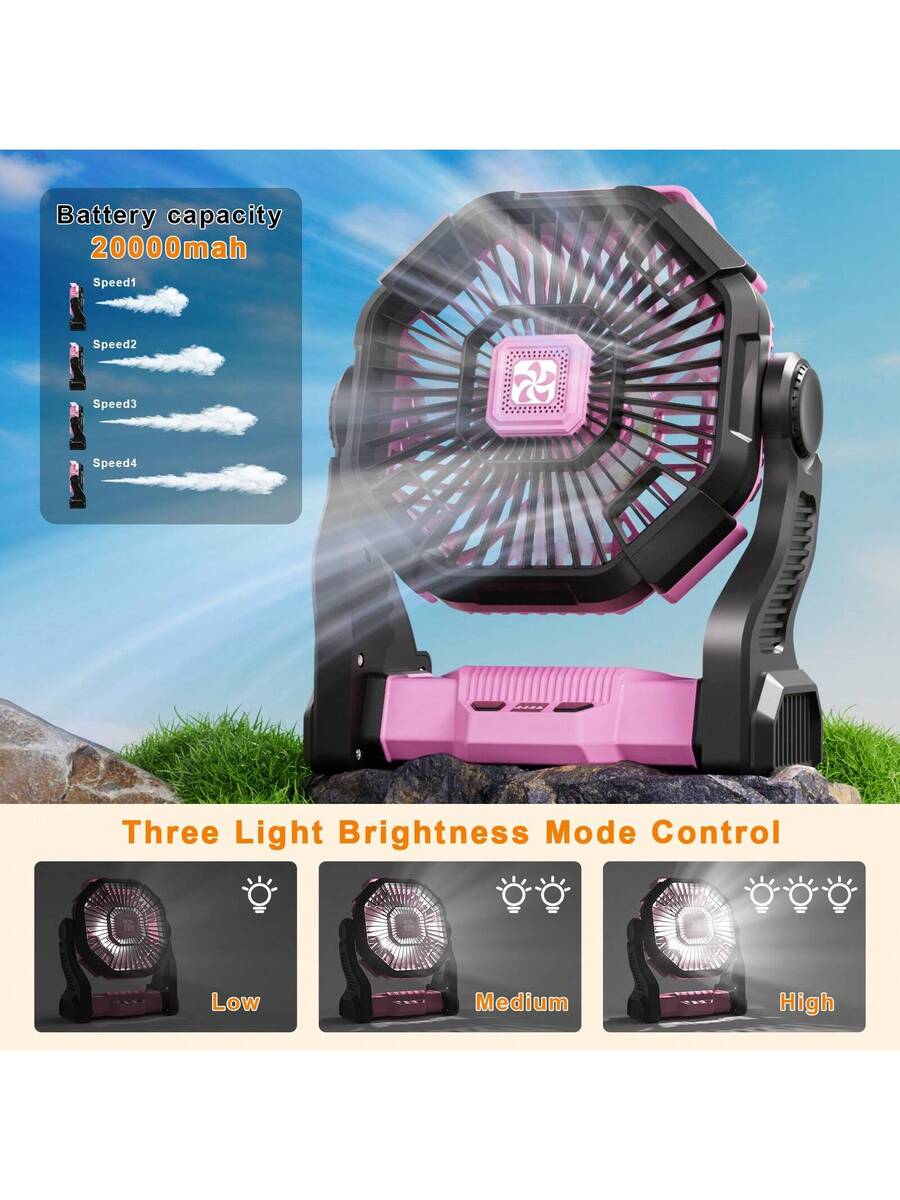 Dorm Essential Cold Air Battery Powered Fan With LED Lantern,Dual Motor Camping Fan, 4-Speed Adjustable Desktop Fan With Hook, Portable Outdoor Fan, Suitable For Tents, Power Outages, And Construction Sites,Camping Portable Fan