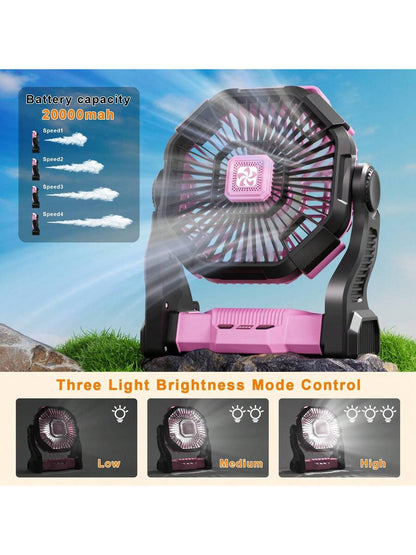 Dorm Essential Cold Air Battery Powered Fan With LED Lantern,Dual Motor Camping Fan, 4-Speed Adjustable Desktop Fan With Hook, Portable Outdoor Fan, Suitable For Tents, Power Outages, And Construction Sites,Camping Portable Fan