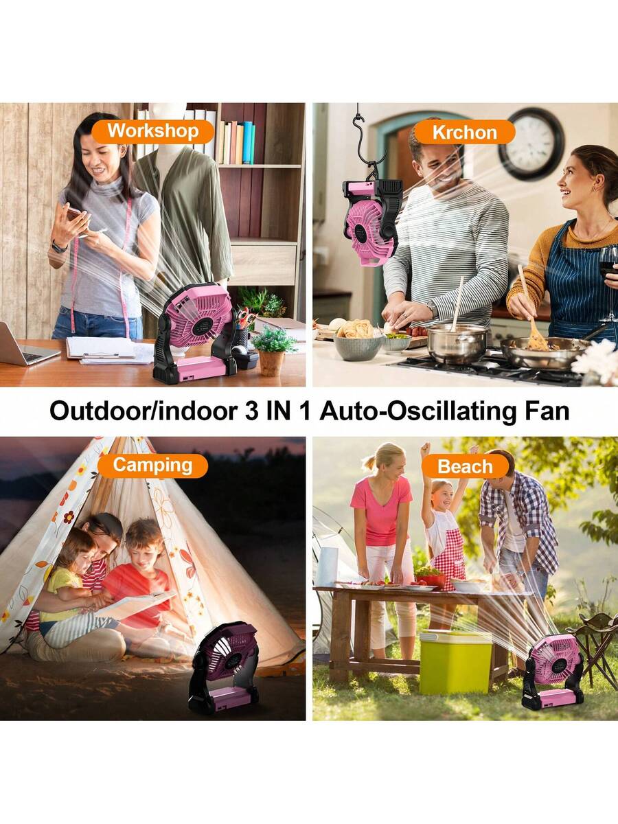 Dorm Essential Cold Air Battery Powered Fan With LED Lantern,Dual Motor Camping Fan, 4-Speed Adjustable Desktop Fan With Hook, Portable Outdoor Fan, Suitable For Tents, Power Outages, And Construction Sites,Camping Portable Fan