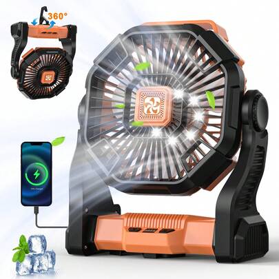 Dorm Essential Cold Air Battery Powered Fan With LED Lantern,Dual Motor Camping Fan, 4-Speed Adjustable Desktop Fan With Hook, Portable Outdoor Fan, Suitable For Tents, Power Outages, And Construction Sites,Camping Portable Fan