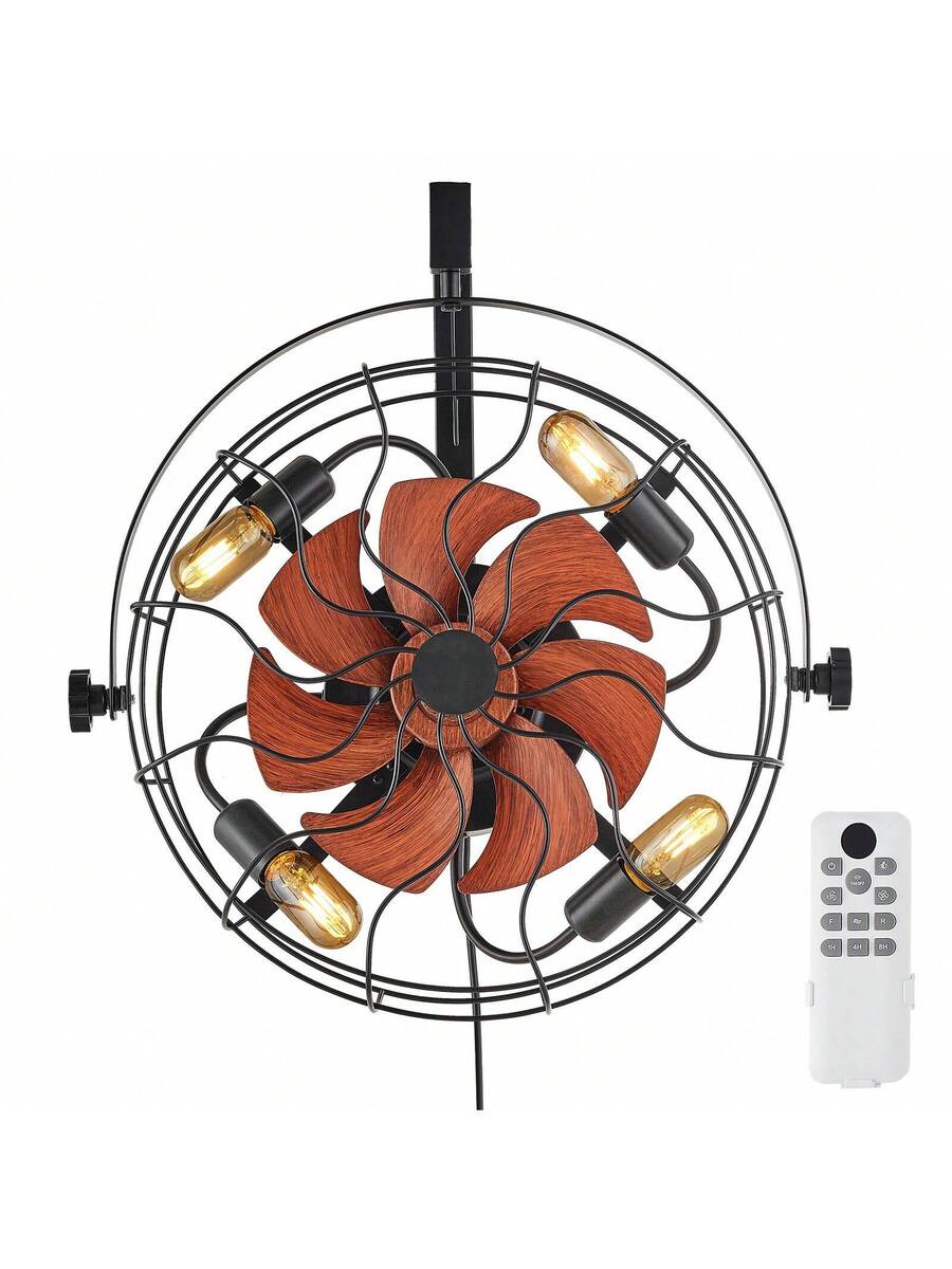 Wall Mounted Fan With Lights, 21 Inch Wall Mount Fan With Remote, 6 Speeds Plug In Wall Fan, Timer, 360°Adjustable Tilt For Bedroom,Garage,Workshop (Compatible 4 E26 Bulb Sockets,No Bulb)