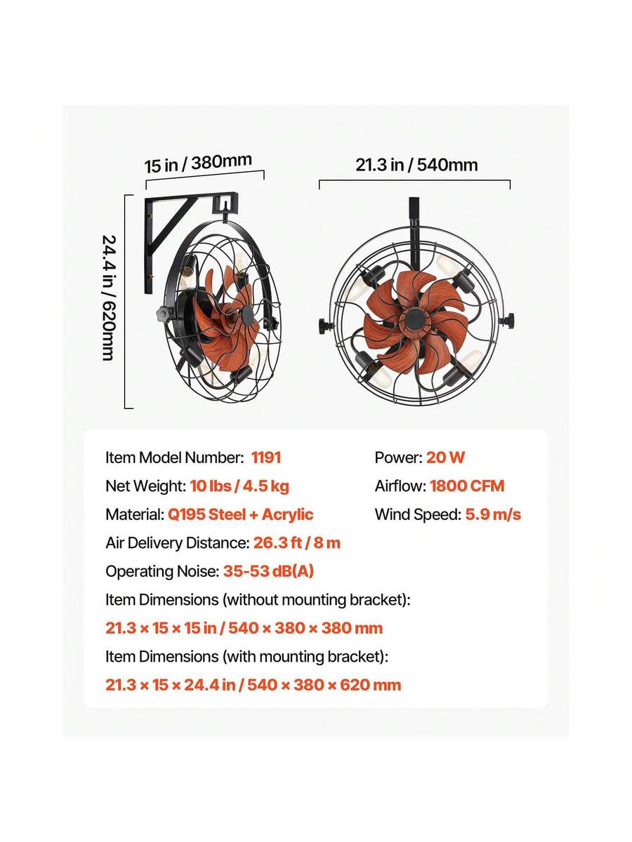 Wall Mounted Fan With Lights, 21 Inch Wall Mount Fan With Remote, 6 Speeds Plug In Wall Fan, Timer, 360°Adjustable Tilt For Bedroom,Garage,Workshop (Compatible 4 E26 Bulb Sockets,No Bulb)