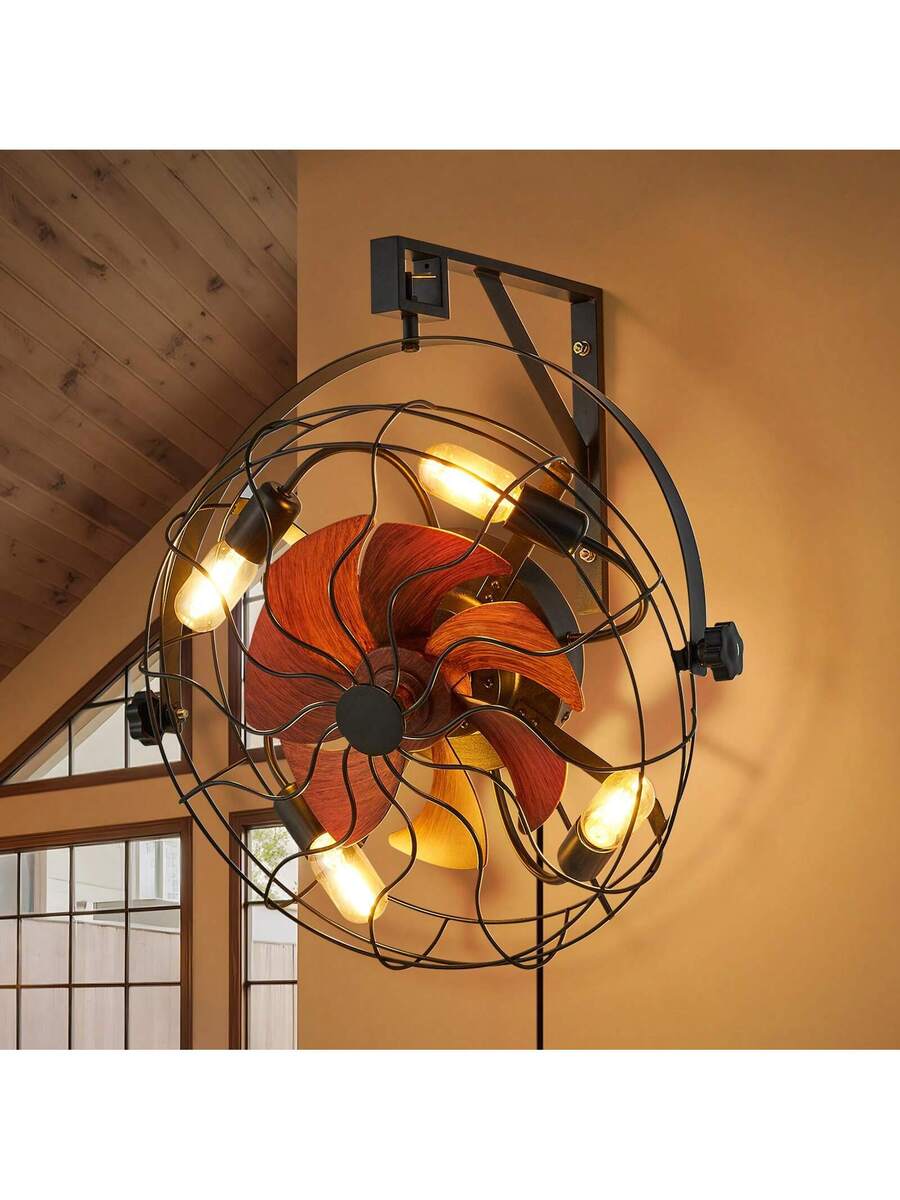 Wall Mounted Fan With Lights, 21 Inch Wall Mount Fan With Remote, 6 Speeds Plug In Wall Fan, Timer, 360°Adjustable Tilt For Bedroom,Garage,Workshop (Compatible 4 E26 Bulb Sockets,No Bulb)