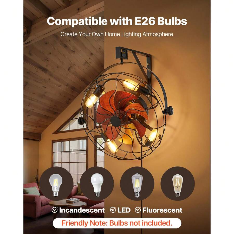 Wall Mounted Fan With Lights, 21 Inch Wall Mount Fan With Remote, 6 Speeds Plug In Wall Fan, Timer, 360°Adjustable Tilt For Bedroom,Garage,Workshop (Compatible 4 E26 Bulb Sockets,No Bulb)