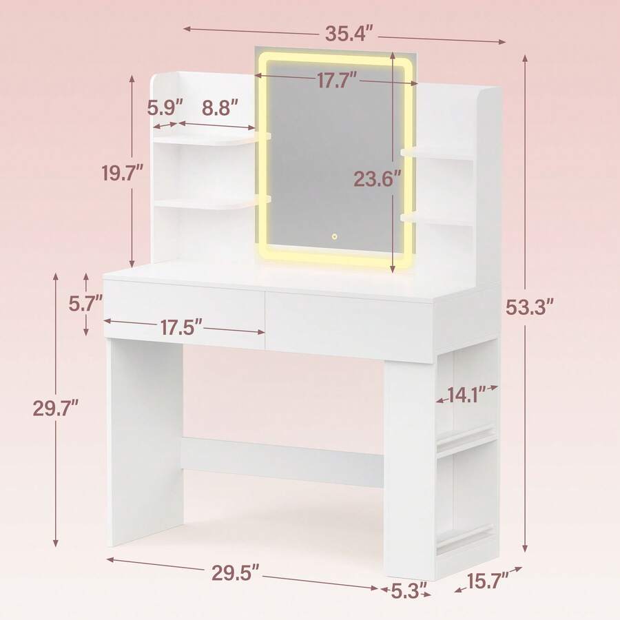 Vanity Desk With Mirror And LED Lights, Makeup Vanity Table With 3 Lighting Color, Adjustable Brightness, Vanity Table With 2 Drawers, Side Storage, For Bedroom