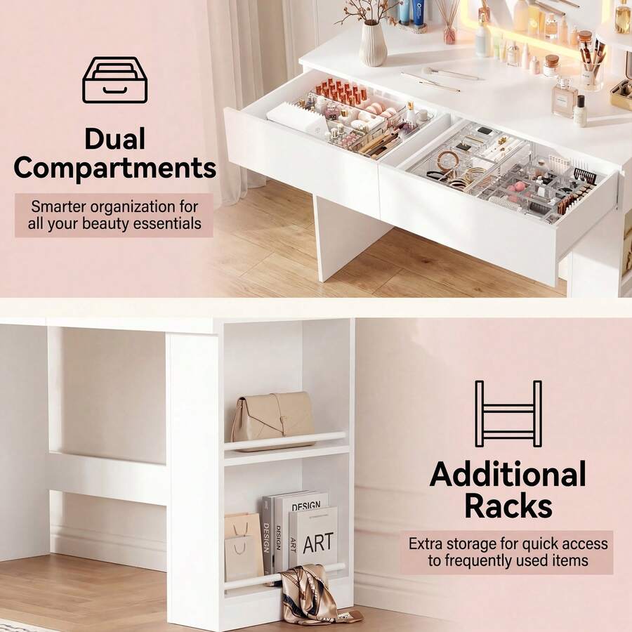 Vanity Desk With Mirror And LED Lights, Makeup Vanity Table With 3 Lighting Color, Adjustable Brightness, Vanity Table With 2 Drawers, Side Storage, For Bedroom