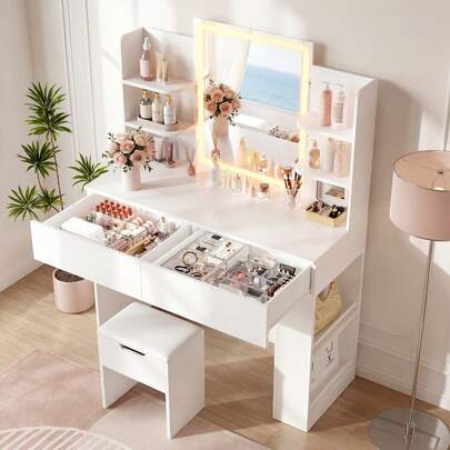 Vanity Desk With Mirror And LED Lights, Makeup Vanity Table With 3 Lighting Color, Adjustable Brightness, Vanity Table With 2 Drawers, Side Storage, For Bedroom