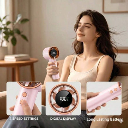 Pink Portable Handheld Mini Fan With Rose Gold Rhinestone Bezel, Adjustable Personal Air Cooler Digital Display, USB Rechargeable Pocket Fan For Home Office Outdoor, Charging With Original Included Cable