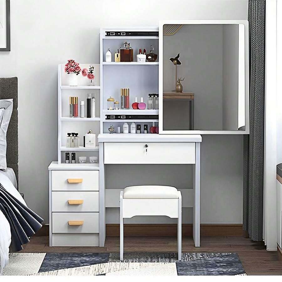 White Vanity Desk With LED Mirror & Stool - 3-Color Adjustable Lighting Makeup Table, Sliding Mirror Dressing Table With Storage Shelves & Drawers For Bedroom (Gift For Girls, Christmas/Birthday)