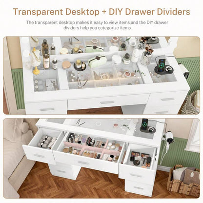 46" Vanity Desk With Glass Top & Lights Mirror, 3 Adjustable Lighting Color, Makeup Vanity With 9 Drawers And 12 LED Lights, Dressing Table For Bedroom, Vanity For Girls, White