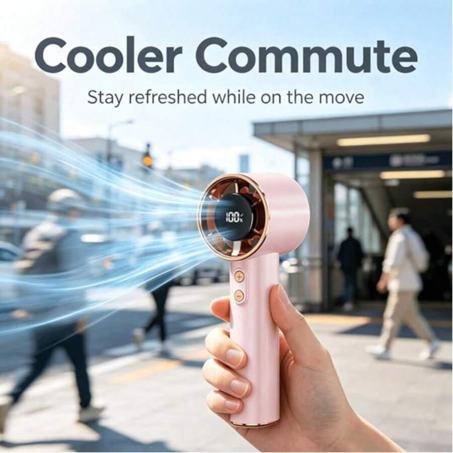 Pink Portable Handheld Mini Fan With Rose Gold Rhinestone Bezel, Adjustable Personal Air Cooler Digital Display, USB Rechargeable Pocket Fan For Home Office Outdoor, Charging With Original Included Cable