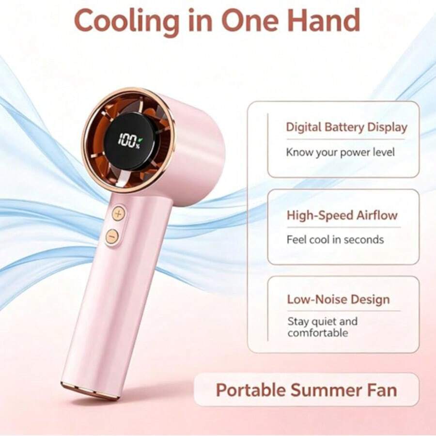 Pink Portable Handheld Mini Fan With Rose Gold Rhinestone Bezel, Adjustable Personal Air Cooler Digital Display, USB Rechargeable Pocket Fan For Home Office Outdoor, Charging With Original Included Cable