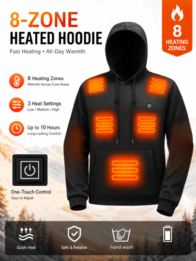 Unisex 8-Zone Heated Hoodie, 3-Level Adjustable USB-Powered Warm Sports Sweatshirt, Suitable For Winter Outdoor Sports And Daily Wear, Power Bank Not Included