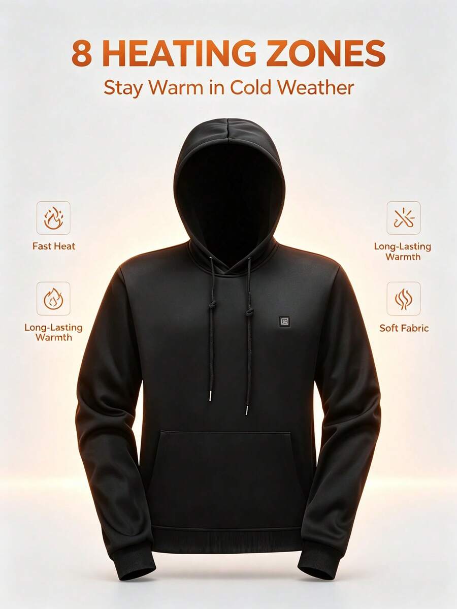 Unisex 8-Zone Heated Hoodie, 3-Level Adjustable USB-Powered Warm Sports Sweatshirt, Suitable For Winter Outdoor Sports And Daily Wear, Power Bank Not Included