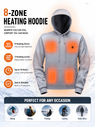 Unisex 8-Zone Heated Hoodie, 3-Level Adjustable USB-Powered Warm Sports Sweatshirt, Suitable For Winter Outdoor Sports And Daily Wear, Power Bank Not Included